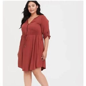 Torrid Zip Front Dress Size 3 Roll Tab Sleeve VNeck Casual Rust Red 3X